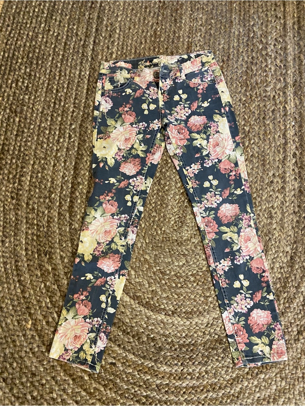 Floral Print Skinny Jeans - Navy Base with Pink & Cream Roses